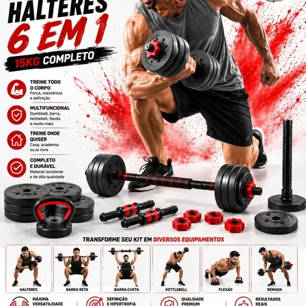 Kit Halteres 6 em 1 - 15KG com 2 peso Kettlebell Peso Academia Completa 14 Peças várias configurações