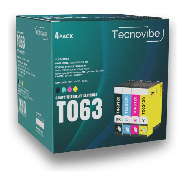 Cartuchos Alternativos Tecnovibe T063 X 4 Colores Para Epson Stylus C67 / C87 Plus / C87 / Cx-3700 / Cx-4100 / Cx-4700 / Cx-7700 / Cx-5700f