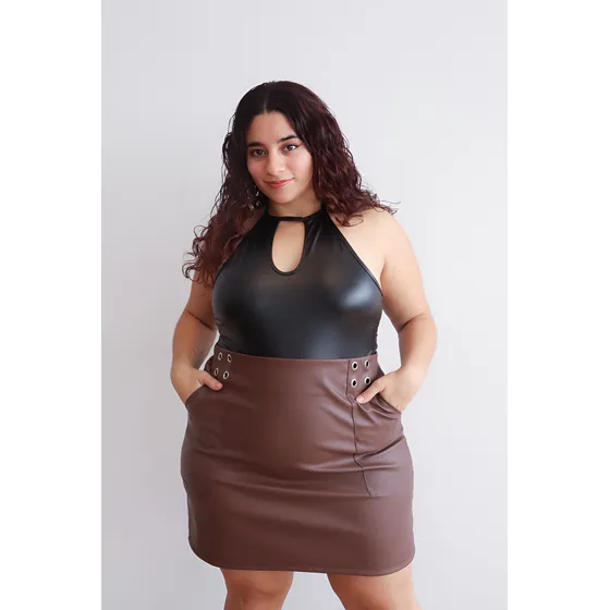 Falda Cuerina Mujer Ananá Plus Size Pollera Elástico Trasero