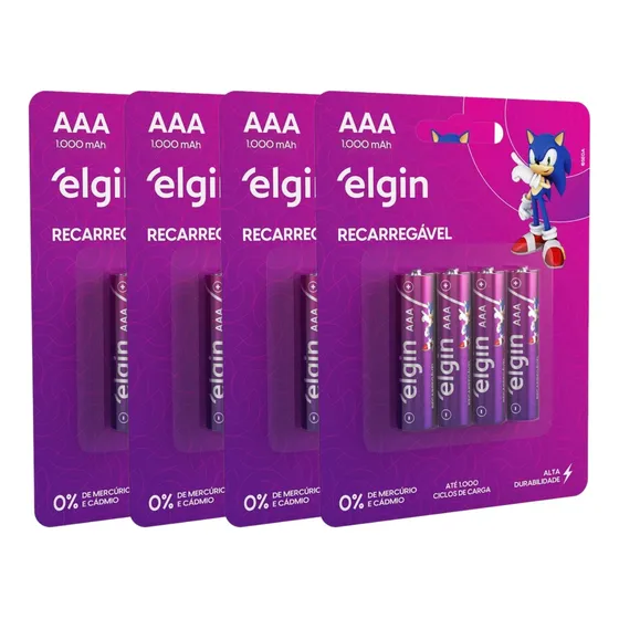 16 Pilha Palito Recarregável Aaa 1000 Mah 4 Blister Elgin