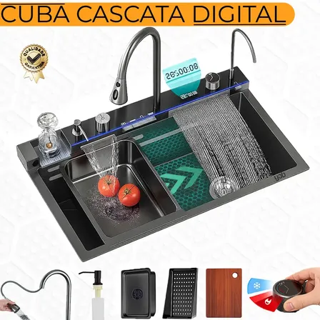 Cuba Cascata Multifuncional Gourmet Smart Inteligente Monocomando Torneira Quente E Frio Completa Acessórios Tábua, Escorredor, Cesto, Dispenser De Detergente, Lavador De Copos Inox - Preto - Yab