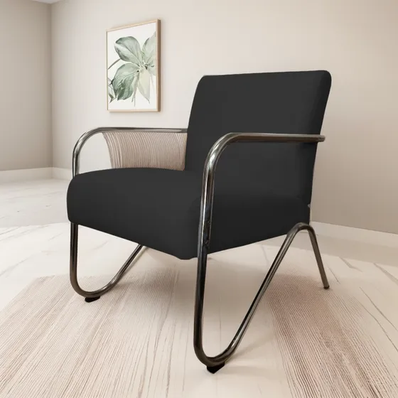 Poltrona Bela Decor Preta Corino Braço Cromado
