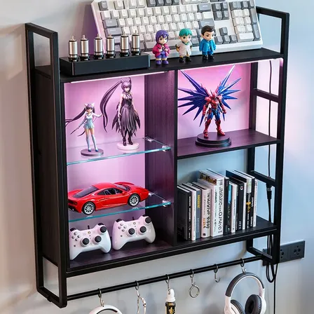 Suporte Flutuante De Parede Para Gamer Com Ganchos Integrado Preto