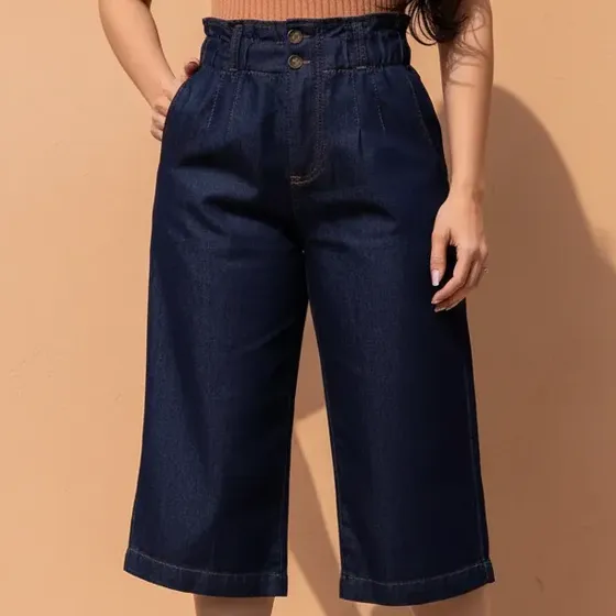 Bermuda Calça Jeans Pantacourt Com Lastex Na Cintura S3850