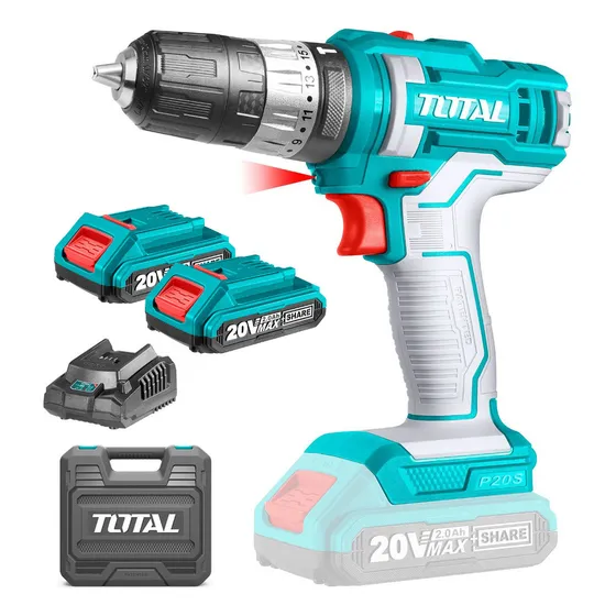 Taladro Percutor Y Atornillador Inalámbrico Total 20v, Mandril 10mm, 45NM - Con 2 Baterías 2.0Ah Litio-Ion, Cargador, Maletín Plástico Y Mechas - TIDLI20145