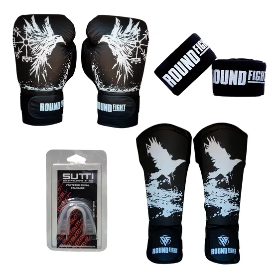 Kit Muaythai Kickboxing Luva Bandagem Bucal Caneleira Huginn