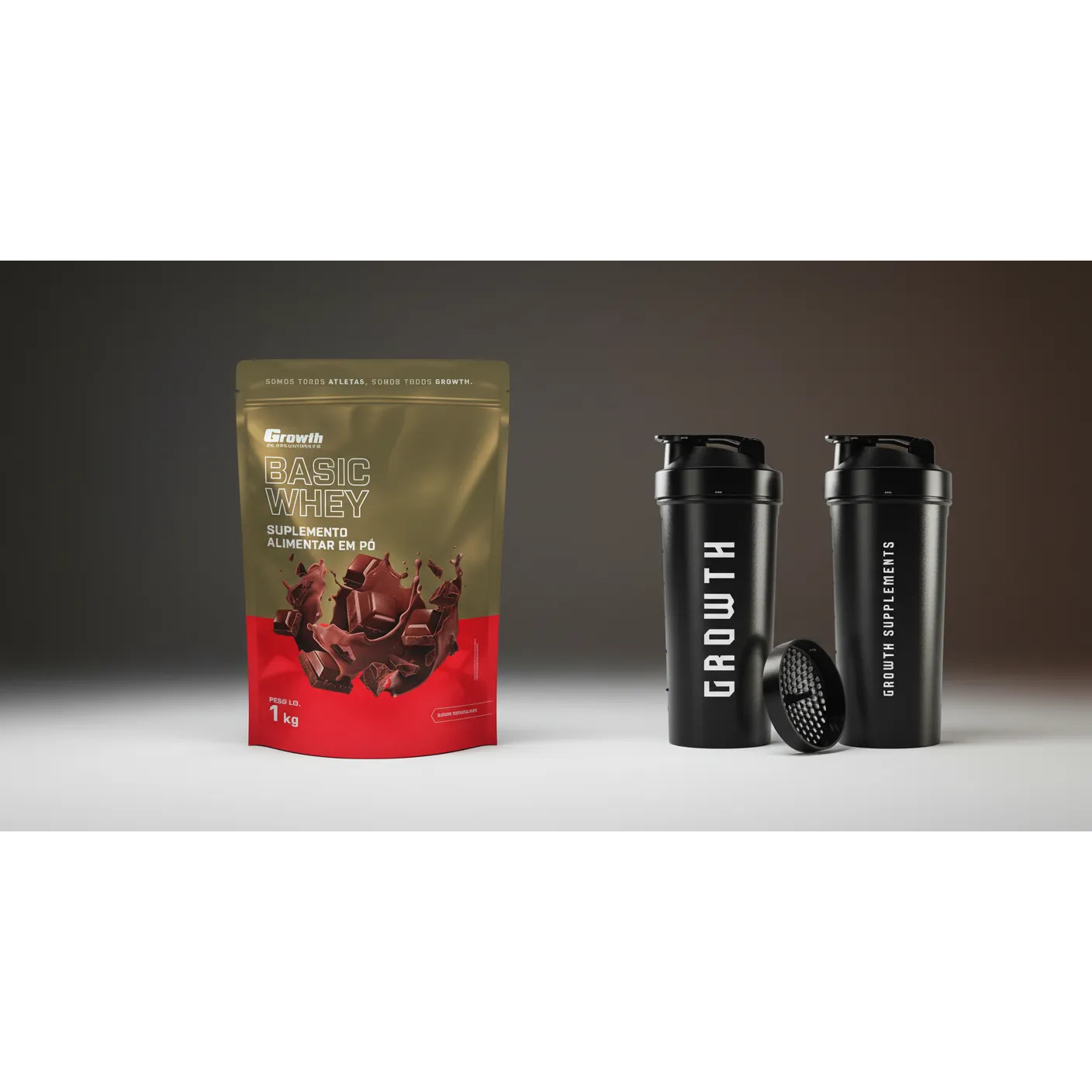Kit Growth: Whey Protein Basic Chocolate 1kg + Coqueteleira Shaker 600ml