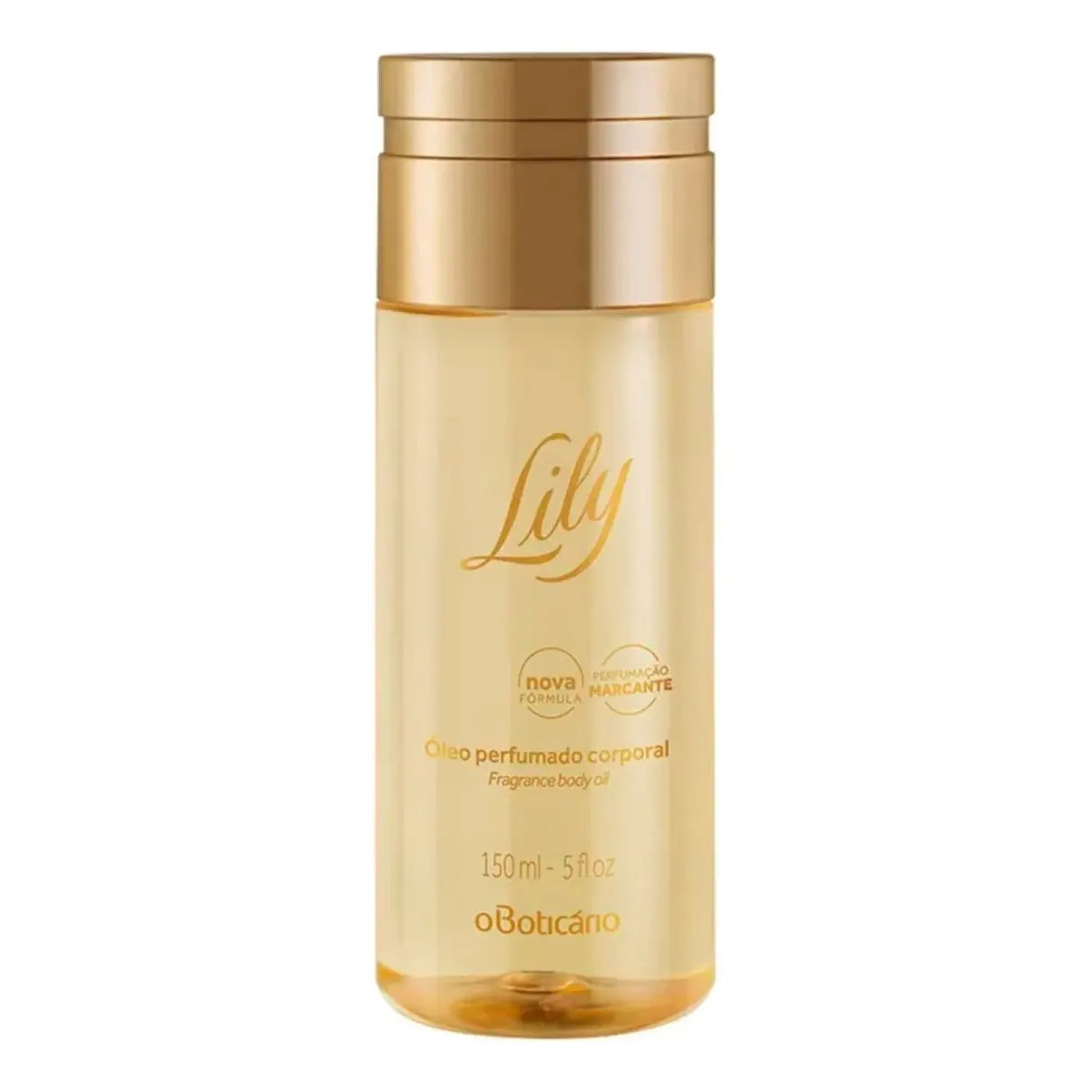 Frasco cilíndrico de vidro transparente contendo óleo perfumado Lily de O Boticário, com tampa dourada e rótulo indicando 150ml e nova fórmula.