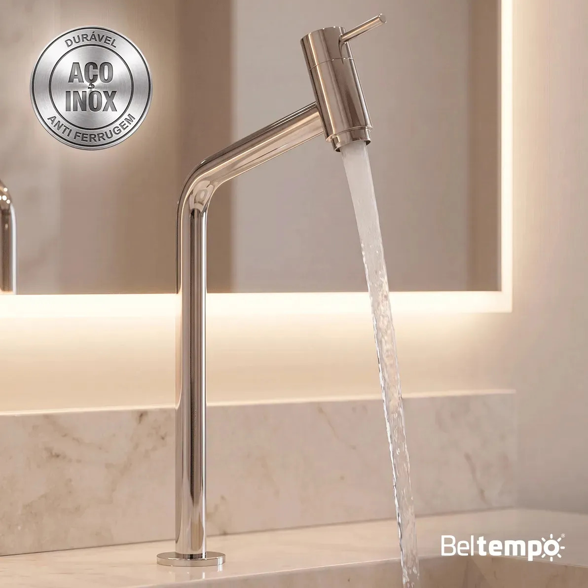Torneira Banheiro Lavabo Bica Alta Beltempo Inox Cromada Link 45°