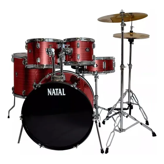 Bateria De 5 Cuerpos + Banqueta Y Platillos Natal Dna Roja Color Bordo Veteado