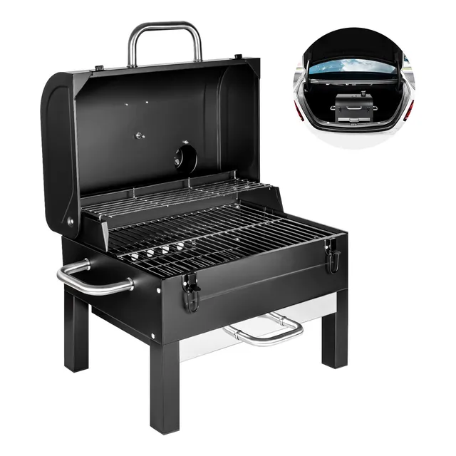 Novangua K10139 asadores de carbón portátil de 51 * 34cm gran área de parrilla con termómetro cenicero extraíble parrilla para barbacoa acero recubrimiento de esmalte porcelanizado negro