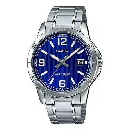 Reloj de pulsera Casio Enticer MTP-V004 de cuerpo color plateado, analógico, para hombre, fondo azul, con correa de acero inoxidable color plateado, agujas color plateado y blanco, dial plateado, minu