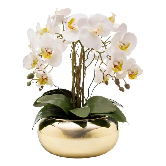 Arranjo Orquídea Silicone 4 Hastes Vaso Espelhado Dourado Cor Branco