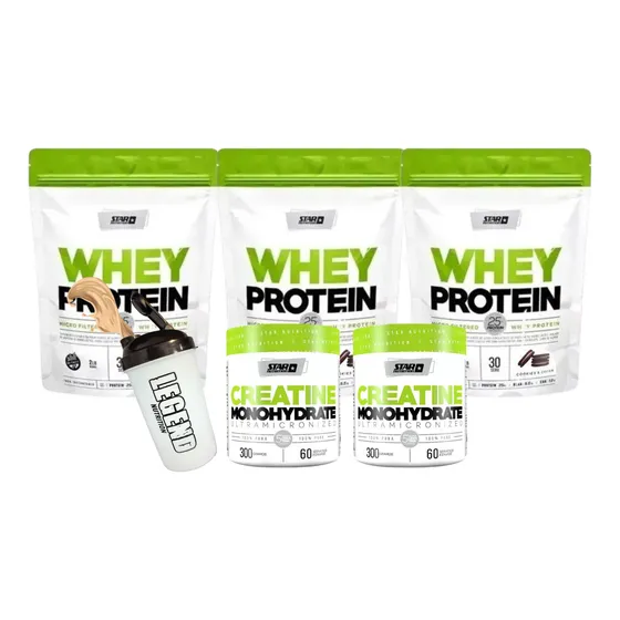 Combo Star Nutrition Whey Protein X3 + Creatina 300gr X2 + Shaker Legend 600ml Sabor Cookies And Cream