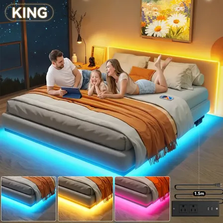 Furrific Base Cama King Size Floating 203x193x19.5cm, Estructura Metálica Con Luces Led Ajustables Y Estación De Carga, No Necesita Somier, Diseño Moderno, Resistente Max 500kg Negro