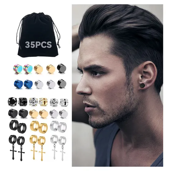 35piezas Pendientes De Moda Para Hombre*16 Piezas Pendientes Colgantes*6 Piezas Pendientes De Aro*6 Piezas Pendientes De Circonita*6piezas Cruz De Acero Perforada Para Hombre Con Imán Arracadas Hombre
