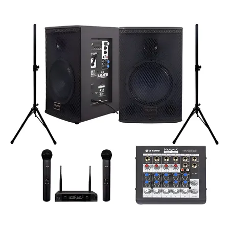 Kit Som Ativa Passiva Saga 8 Pedestal Mesa 6 Microfone Duplo Preto 127/220v