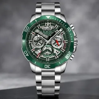 Lige Relógio Masculino Luxuoso Lige 89197 Silver Green Puls Inox Prateado Verde V