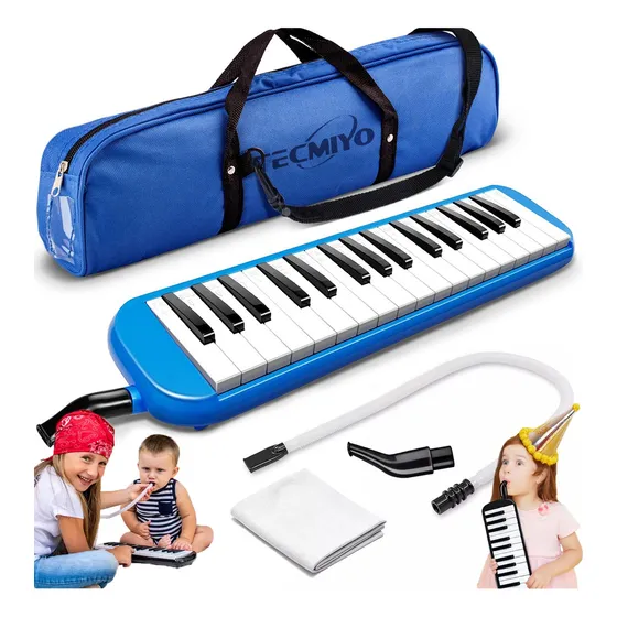 Melódica 32 Teclas Tecmiyo Color Azul Escolar Con Boquilla Estuche Y Tela