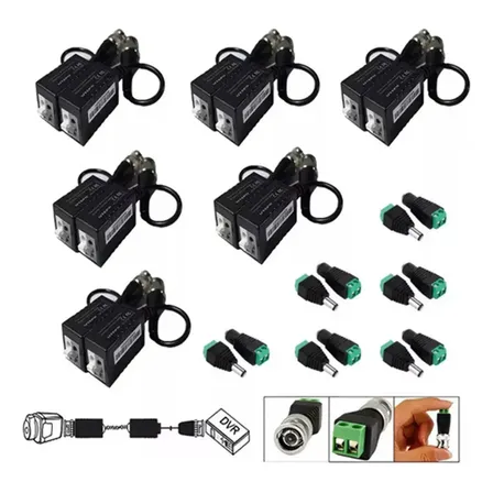 Kit de 6 Conectores Balun Multi HD con Energía para CCTV
