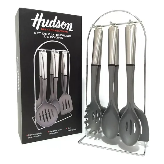 Set 6 Utensillos De Nylon Mango Acero Con Soporte Hudson