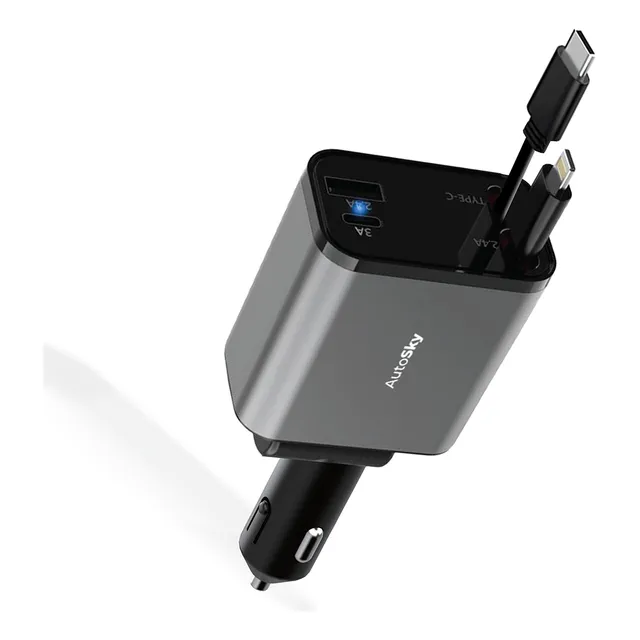 Cargador Carga Rapida Con Cables Retractiles Usb/usb-c Gris