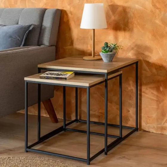 Mesa Ratona Jazak / Nido Set X2 / Hierro Y Madera Mdf / Diseño Industrial / Living Moderno / Auxiliar / Mesas De Apoyo / Fácil Armado / Estilo Elegante / Color Roble Natural Claro