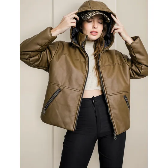 Campera Puffer Importada Mujer Benka Anelka Cuerina Capucha