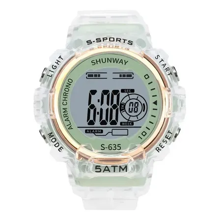 Relógio Esportivo Digital Transparente Verde Branco Dourado Verde-claro