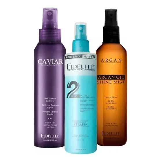 Kit Brillo Argan +desenredante + Protector Termico Fidelite 