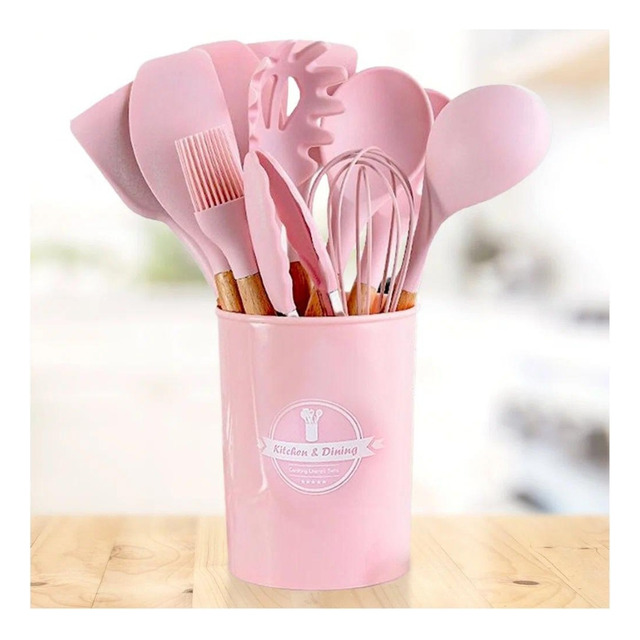 Kit 12 Utensílios De Cozinha Em Silicone E Cabo De Madeira Kit 12 Utensílios De Cozinha Em Silicone E Cabo De Madeira