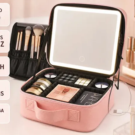 Maleta Organizadora De Maquiagem Com Espelho 3 Cores De LED Luz E Divisorias , Brilho Ajustável Touch, Divisórias Removíveis, Porta Pincéis E Recarregável USB portátil Para Viagem E Uso Profissional