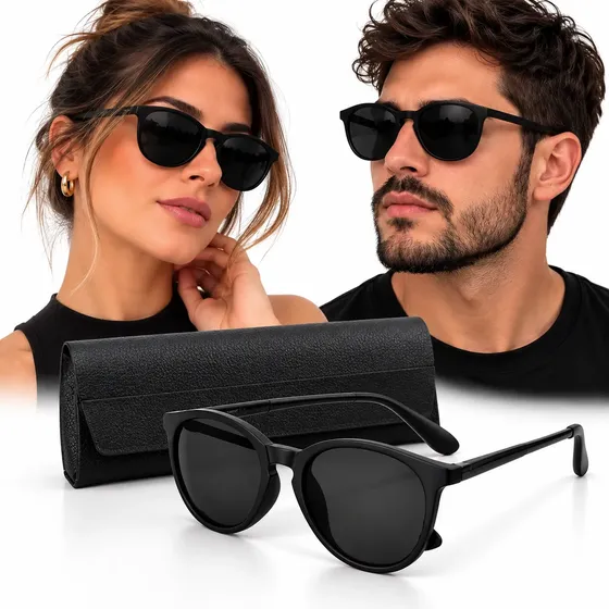 Óculos De Sol Redondo Preto Unissex Lente Escura Uv400