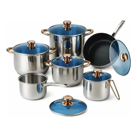 Batería De Cocina Kitchenes Juego De 12 Piezas, Set De Ollas De Acero Inoxidable Premium Color Azul, Tapas De Vidrio Templado, Fondo Térmico De 3 Capas, Sartén Antiadherente Para Todo Tipo De Estufas