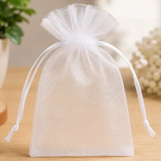 Kit 100 Saquinho Organza 7cm Saco Tule Premium Brinde Festa Lembrancinha Joia Miçanga Branco Liso
