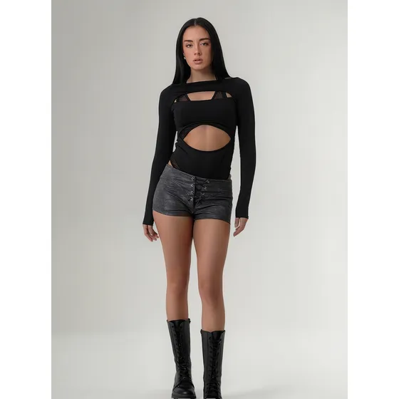 Body Asimetrico Urbano Lycra Tull Top Noche Mujer Popcorn