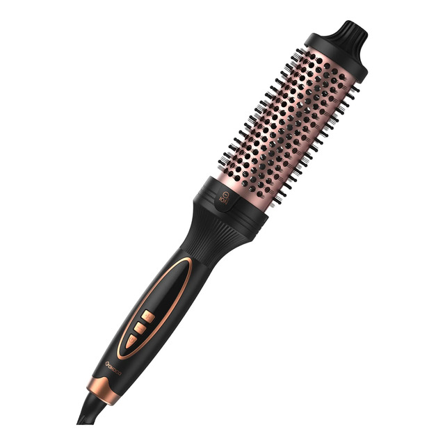 Escova modeladora de cachos preta com detalhes em cobre, exibindo botões de controle e design ergonômico.
