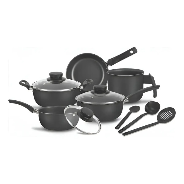 Conjunto De Panelas 8 Peças Preto Inclui Caçarolas Frigideiras E Tampas Conjunto De Panelas 8 Peças Preto Inclui Caçarolas Frigideiras E Tampas