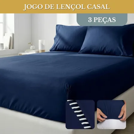 Jogo De Lençol Casal 3 Peças 400 Fios Micropercal Azul-marinho Elástico Liso