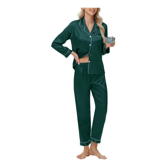 Pijama De Cetim De Seda De Cor Sólida De Mangas Compridas