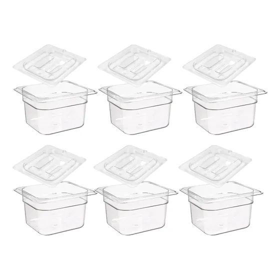 Charola Contenedor 1/6 Con Tapa Transpa 10 Cm  Set 6 Piezas 