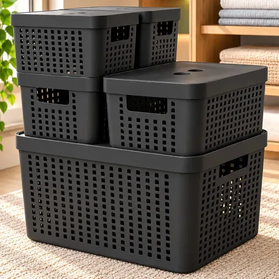 Kit 5 Caixas Organizadoras 2l 4,5l 17l Com Tampa Multiuso Cor Preto