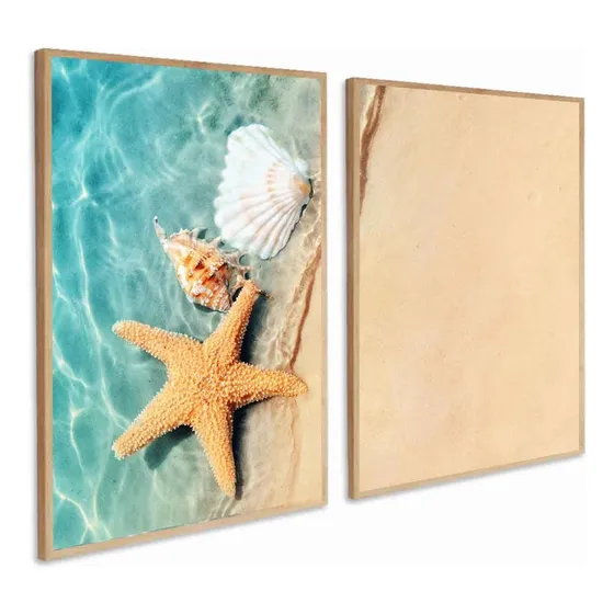 Kit 2 Quadros Decorativos Conchas Estrelas Mar Areia Moldura