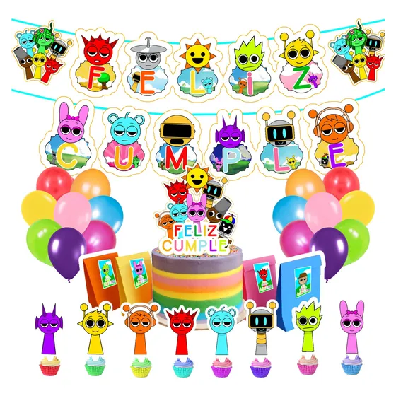 Set Globos+ 8toppers+ 30bolsitas Y Stickers C/nombre Sprunki Rojo Feliz Cumple Con 8 Sprunkis Mas 30 Bolsitas Personalizadas