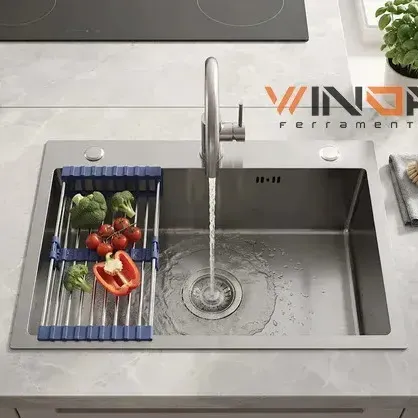 Cuba Gourmet Cozinha Inox 60x45x21cm com Escorredor Ajustável, Dosador de Detergente, Válvula e Manta Antirruído para Pia de Cozinha WINDA