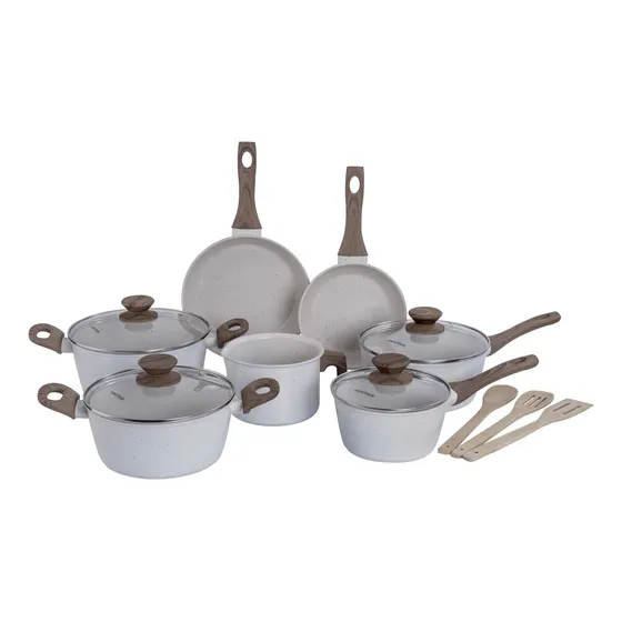 Jogo de panelas de cozinha Mimo Style Cook Fundo de Tripla Indução com 10 peças de alumínio marmol vanila
