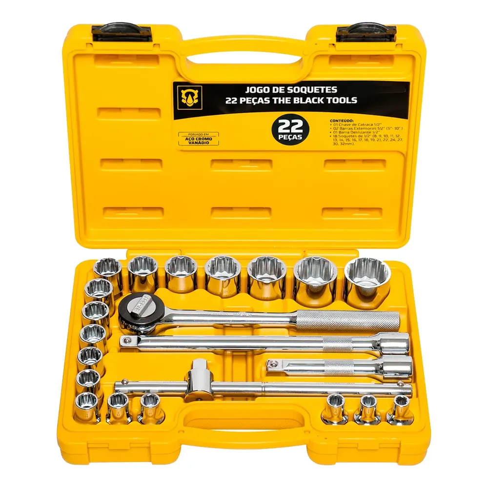 Jogo De Soquete Estriado 1/2 Pol 8 A 32mm 22 Peças Amarelo