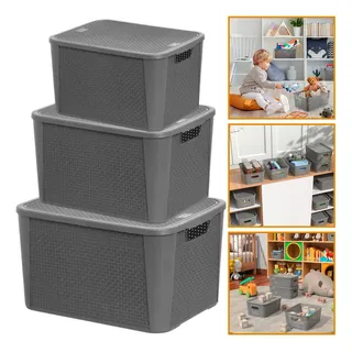 Kit 3 Caixas Organizadoras Tampa Rattan Retangular Cinza Kit 3 Caixas Organizadoras Tampa Rattan Retangular Cinza