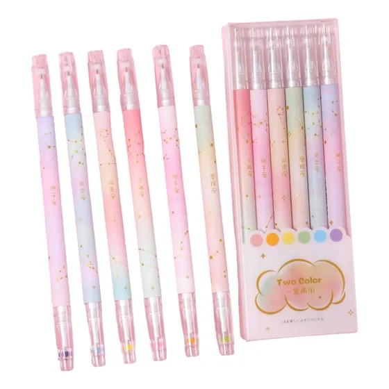 Set 6 Lapices Doble Punta Tinta Gel Color Arcoiris Y Negro