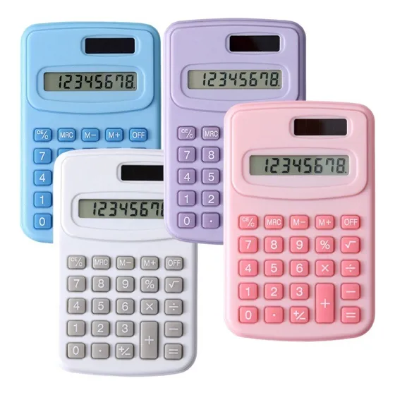 Kit 4 Mini Calculadora De Bolso Colorida 8 Dígitos Escolar Cor Rosa / Azul / Branco E Lilas